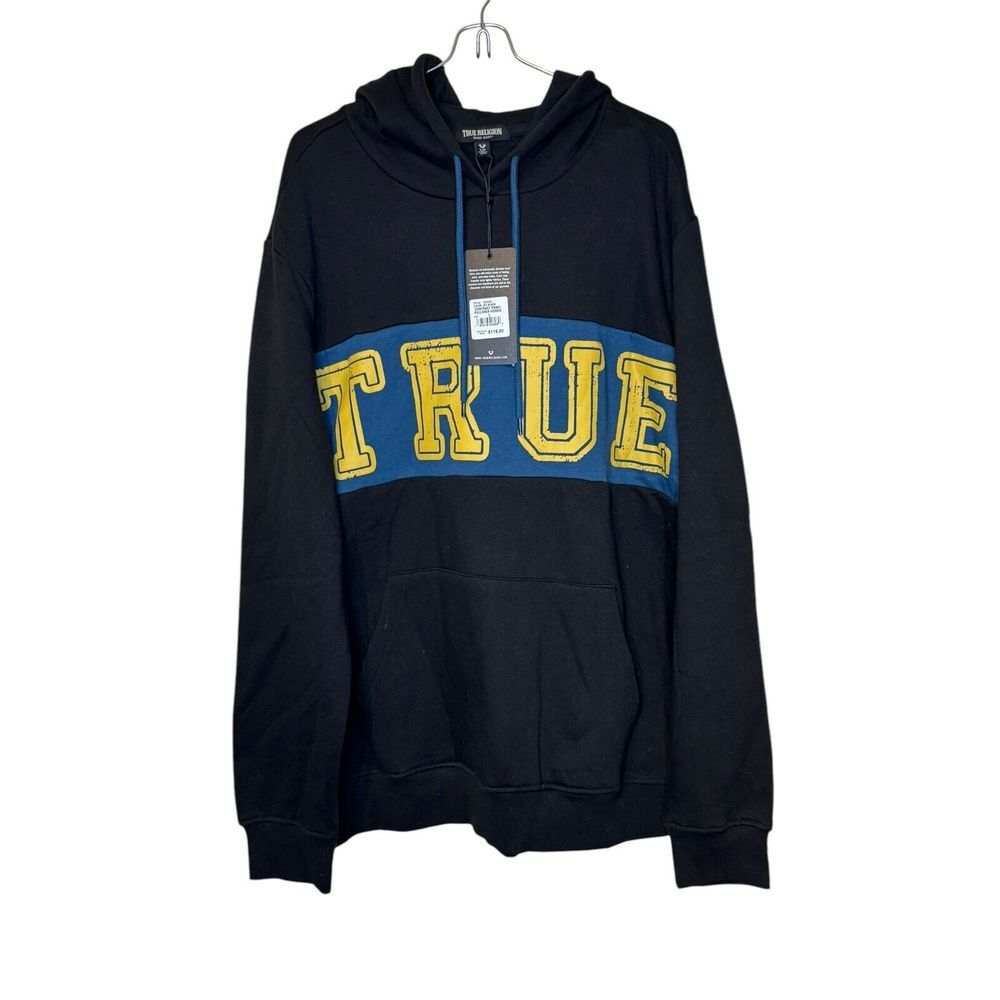 True Religion Men's Sweater Hoodie Contrast Panel Pullover Logo Black Large NWT